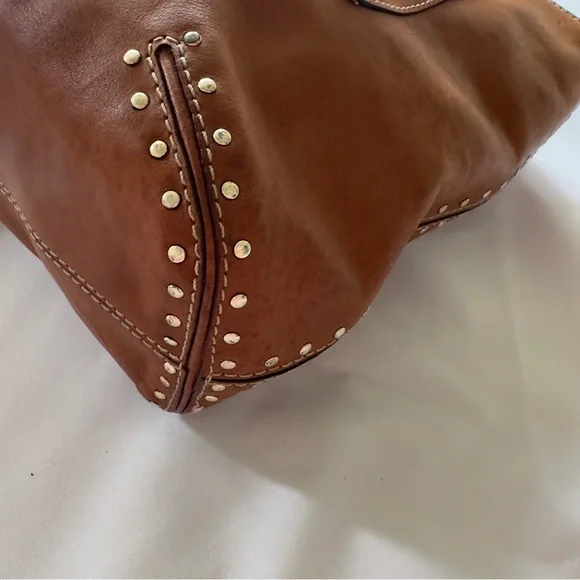 MICHAEL KORS Cognac Brown Gold Studded Leather Shoulder Tote Bag - Picture 6 of 16
